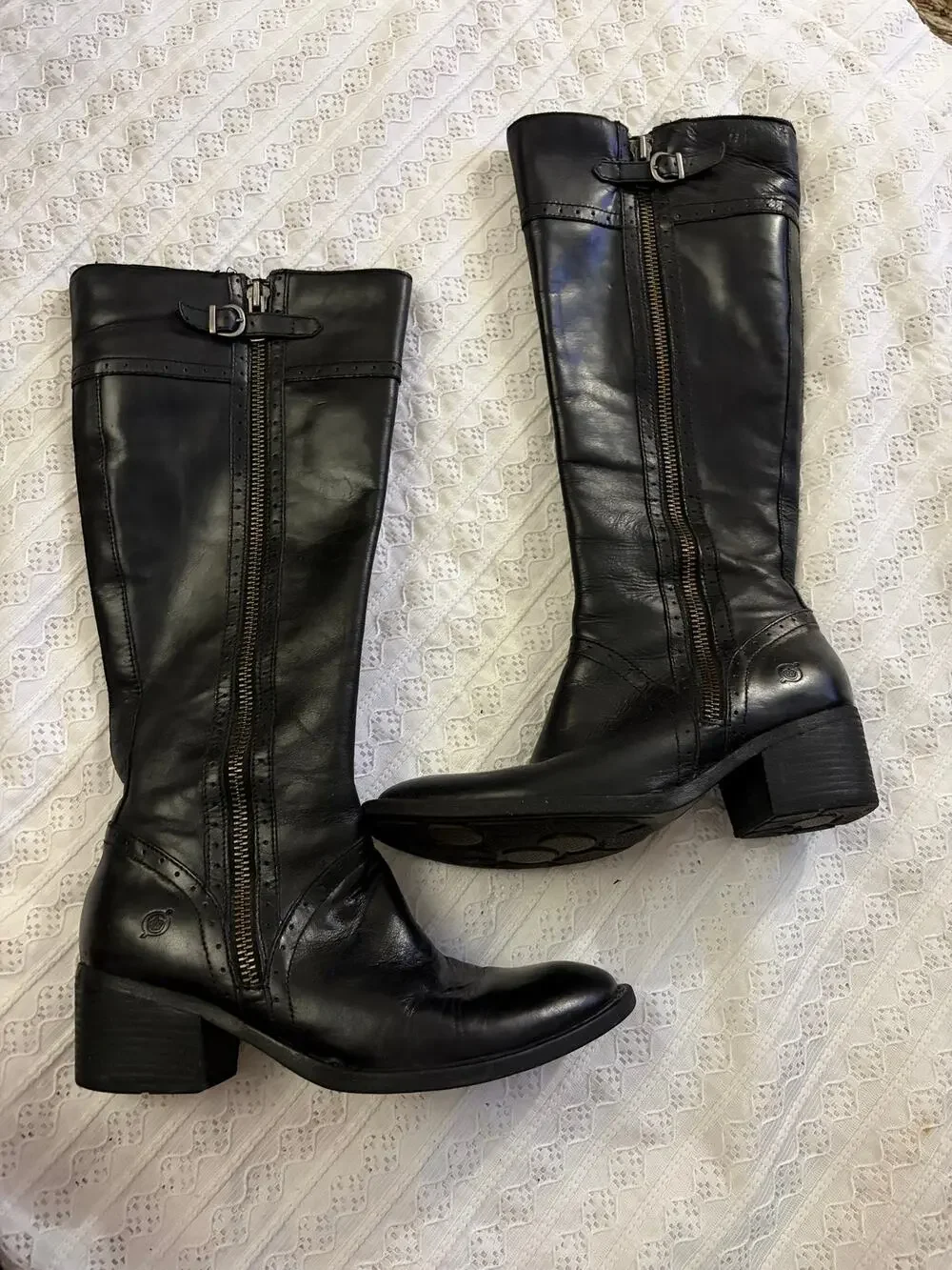 Born Black Leather Tall Riding Boots Side Zip Women's 9.5M Comfort Boots - Picture 1 of 11